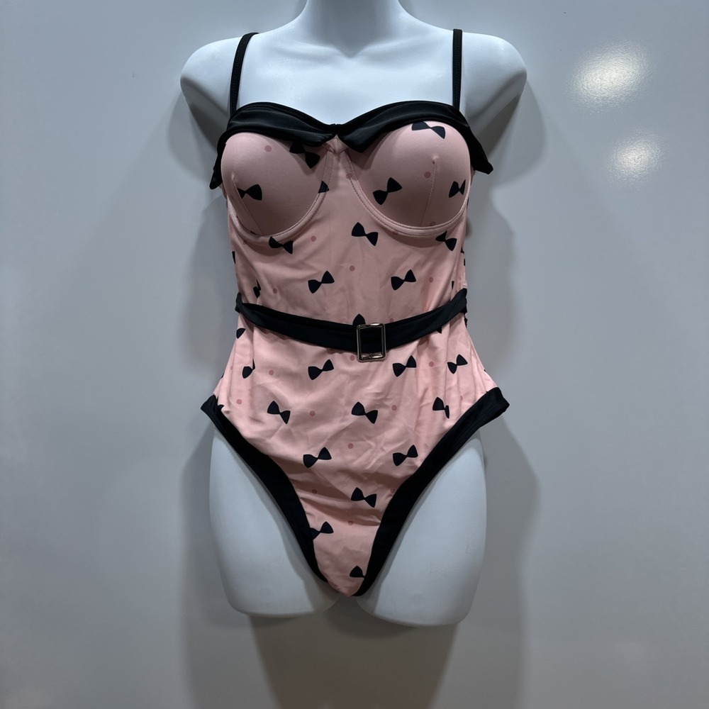 New Retro Stage Pink And Black Polka Now Retro Look Swimsuit XL NWT - Picture 2 of 6